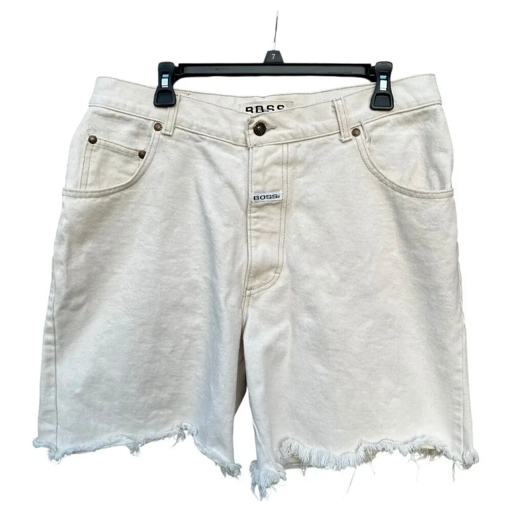 Vintage Boss Shorts Mens 36 White Denim Hip Hop Rap 90s Baggy Spellout Logo Fray